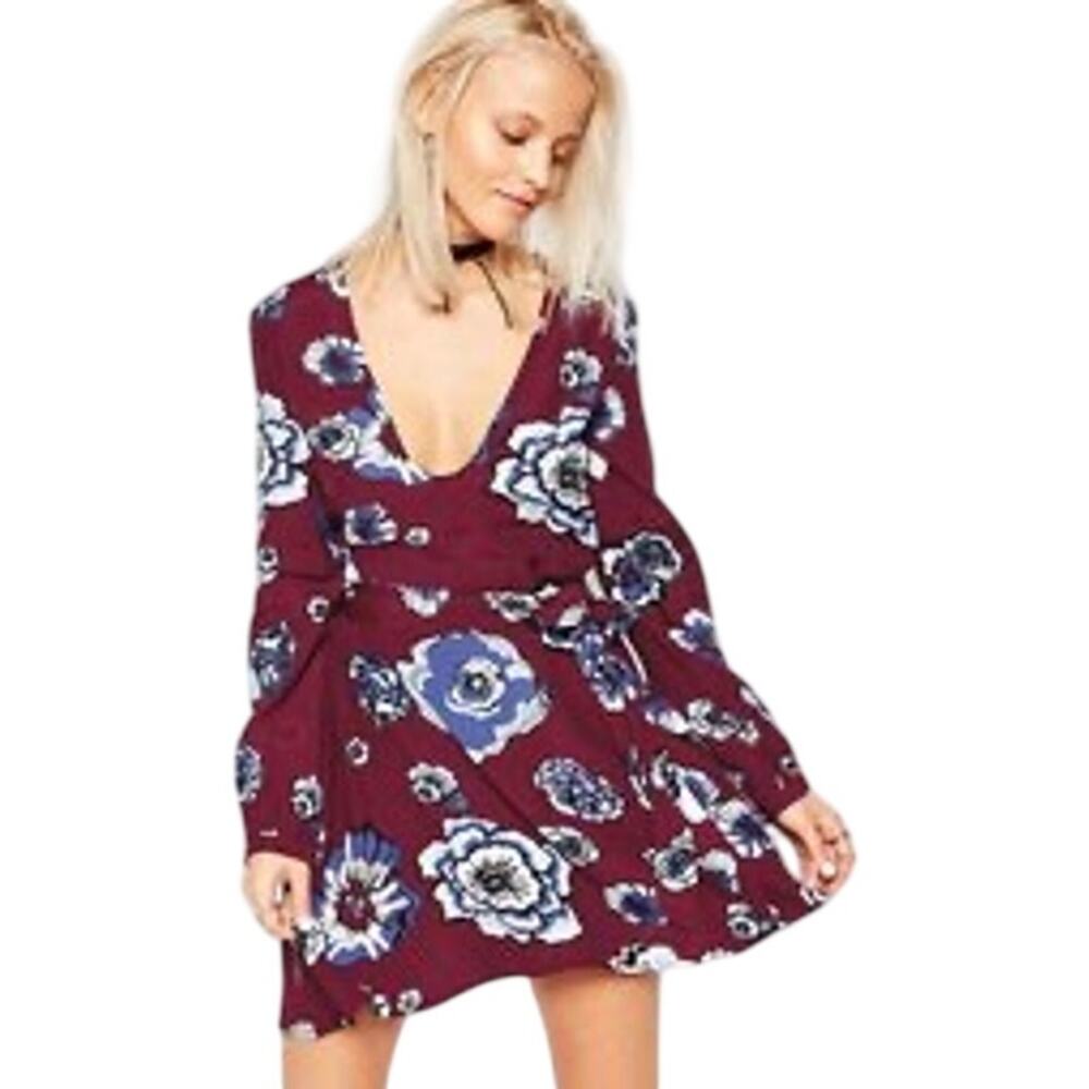 Glamorous Burgundy Floral Mini Dress Small Deep V Neck Long Sleeve Belted Boho